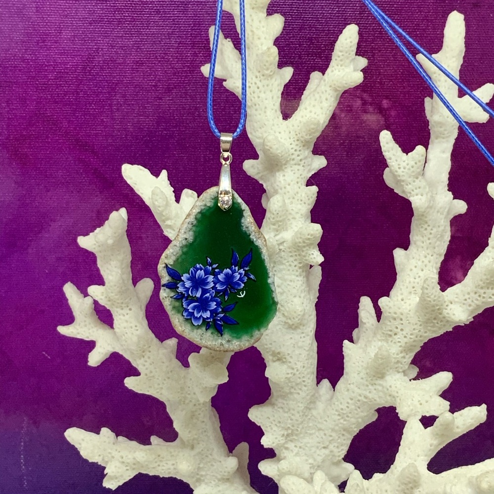 Handcrafted Agate Gemstone Necklace With Painted Flowers on Waxed Cotton Cord - Picture 1 of 7